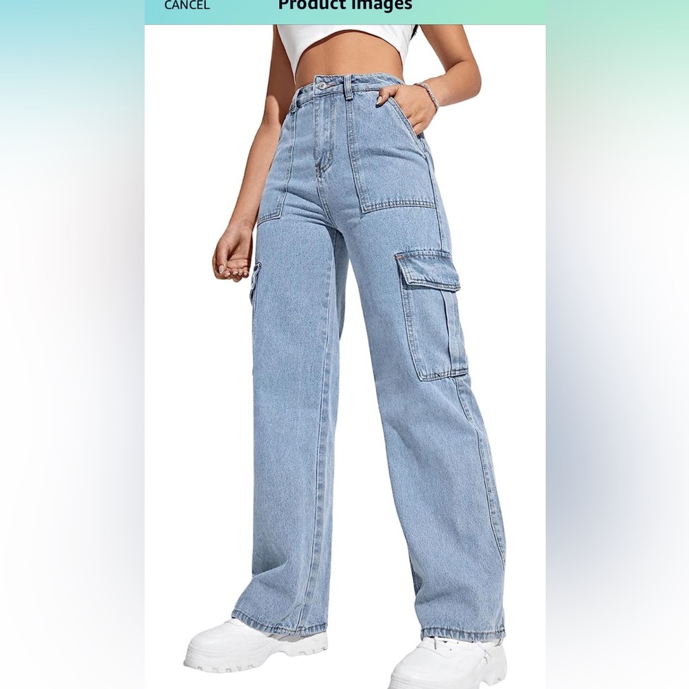 Cargo pants. Light wash denim. So cute and flattering. Size S